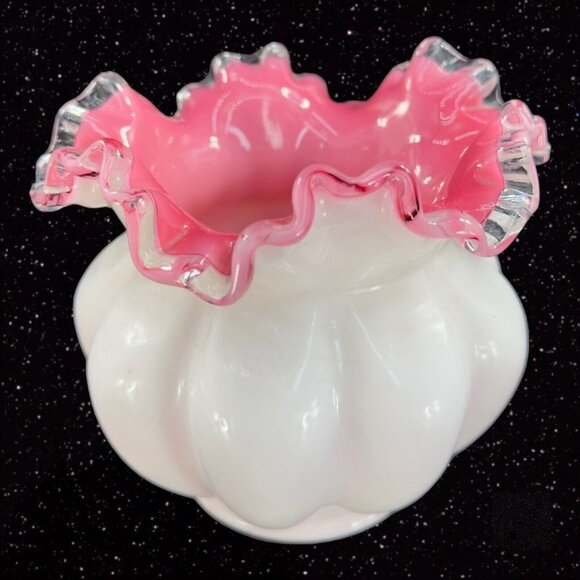 Fenton Peach Crest Rose Bowl Ruffled Top Milk Cased Large Glass Bowl Pink Inside - Picture 1 of 16